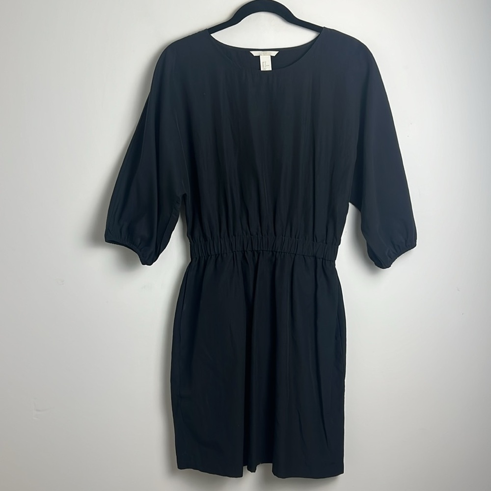 H&M Women's 4 Black Poplin Puff Sleeve Elastic Waist Pockets Minimalist Dress